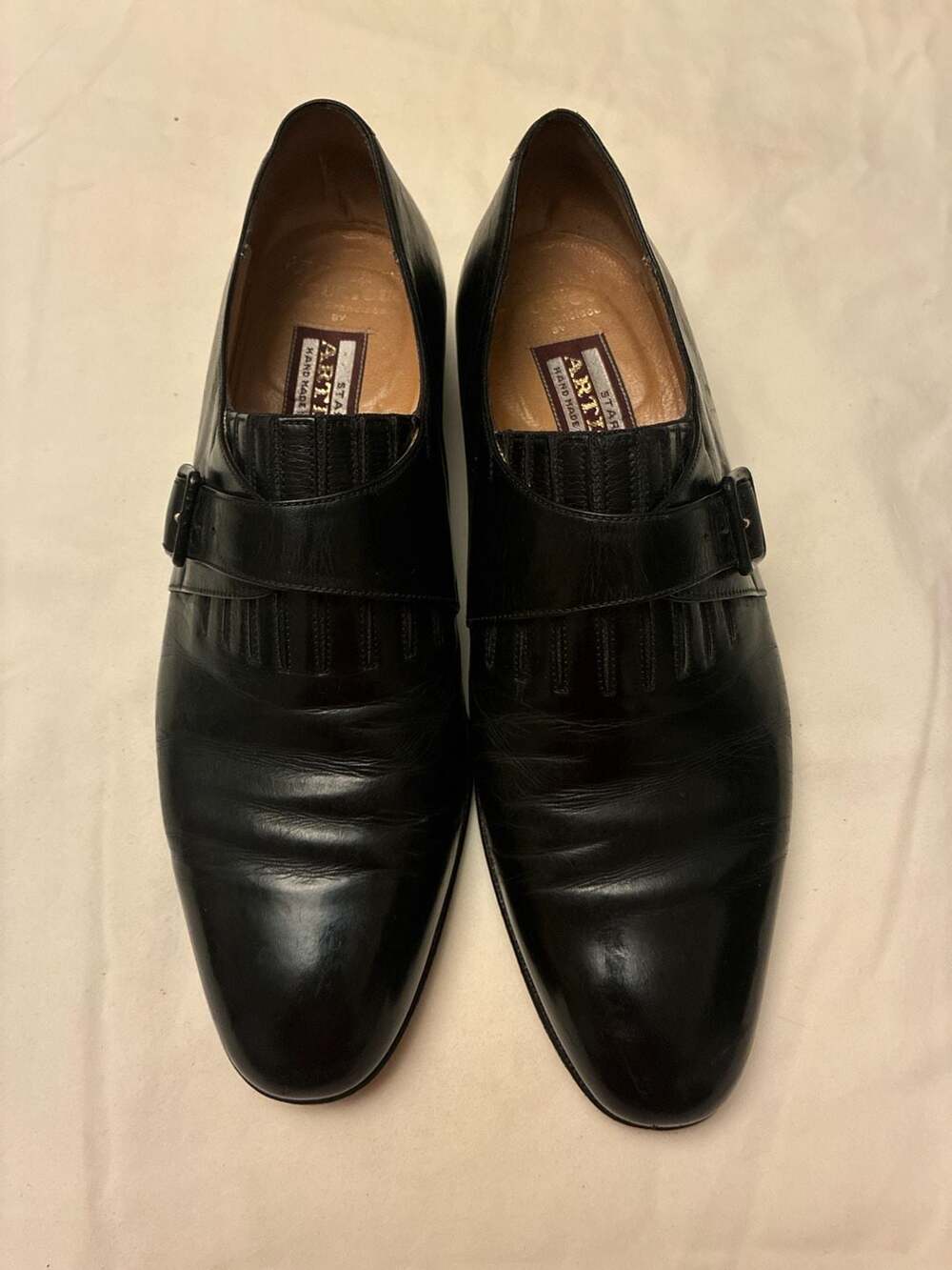 VTG Artioli Star Handmade in Italy Black Leather Fringe Monk Strap Dress Shoes